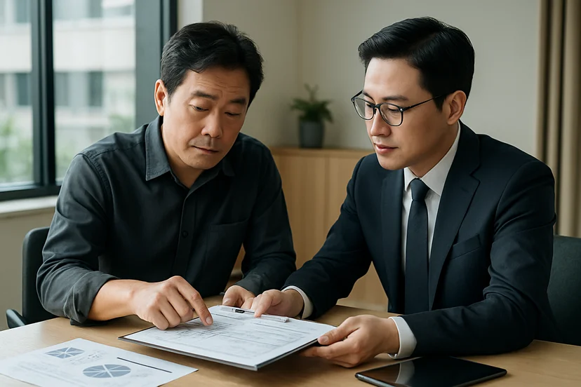 중소기업 대표가 정책자금 상담 자료를 확인하는 장면