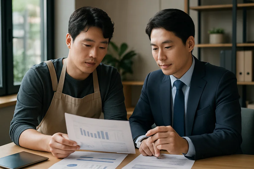 중소기업 대표가 정책자금 상담 자료를 확인하는 장면