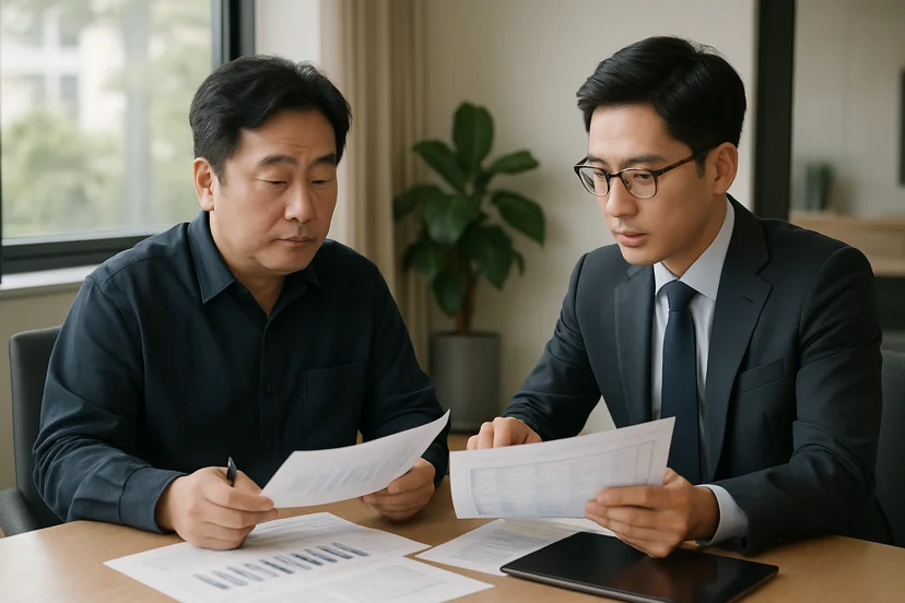 중소기업 대표가 정책자금 상담 자료를 확인하는 장면