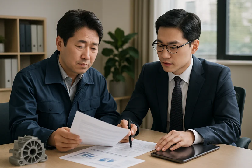 중소기업 대표가 정책자금 상담 자료를 확인하는 장면