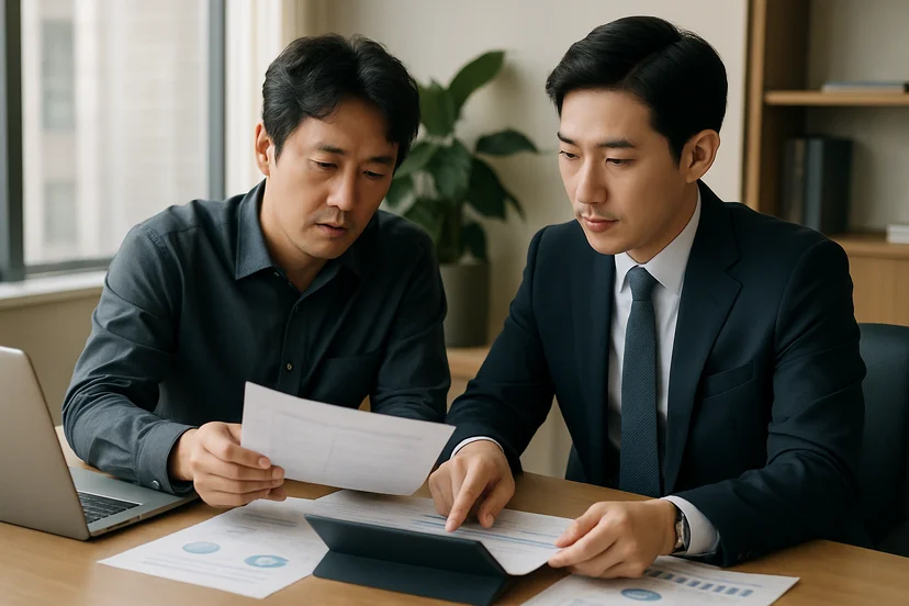 중소기업 대표가 정책자금 상담 자료를 확인하는 장면