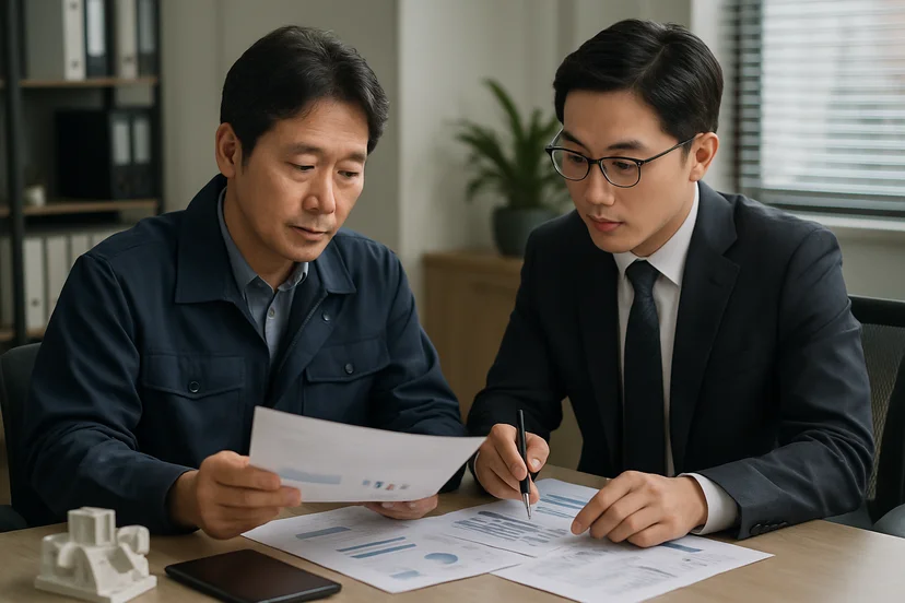 중소기업 대표가 정책자금 상담 자료를 확인하는 장면