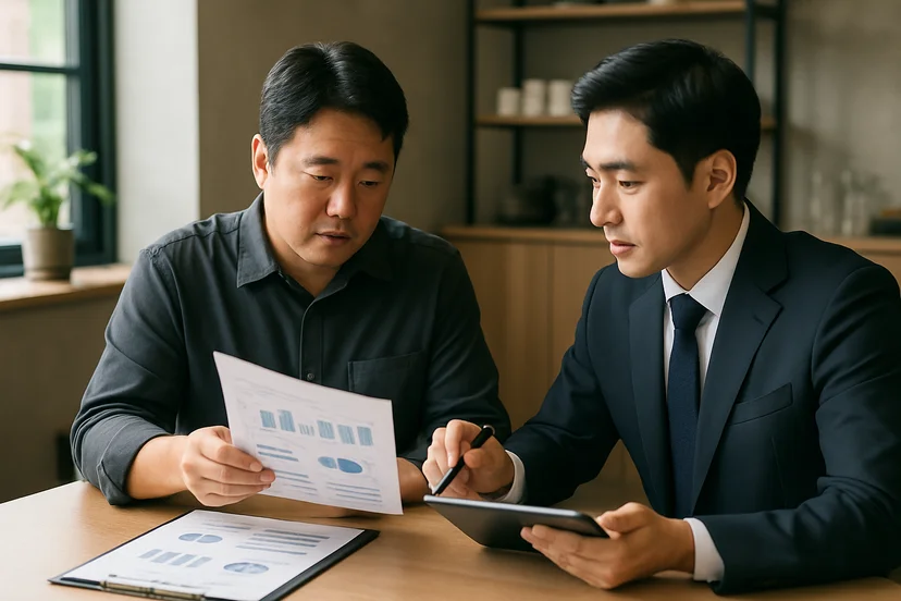 중소기업 대표가 정책자금 상담 자료를 확인하는 장면