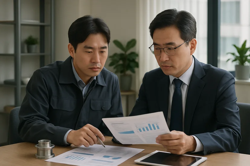 중소기업 대표가 정책자금 상담 자료를 확인하는 장면