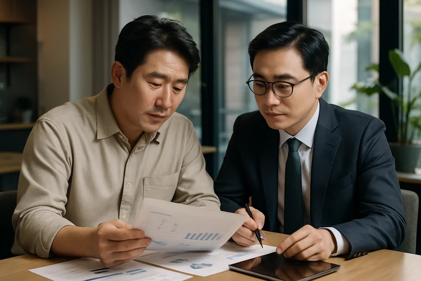 중소기업 대표가 정책자금 상담 자료를 확인하는 장면