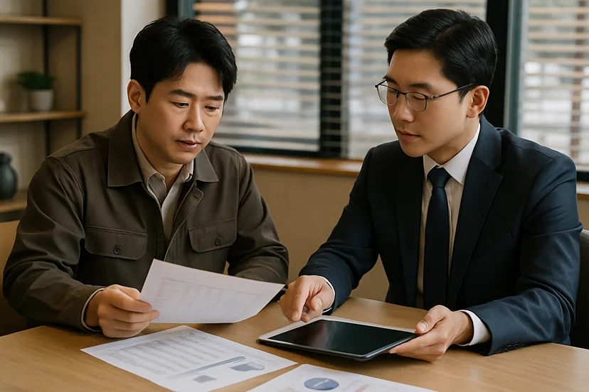 중소기업 대표가 정책자금 상담 자료를 확인하는 장면