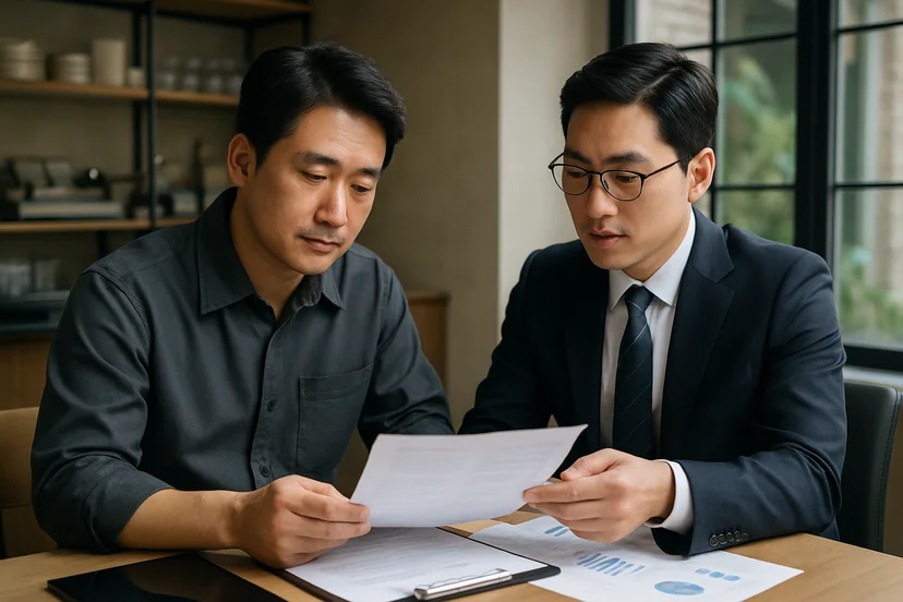 중소기업 대표가 정책자금 상담 자료를 확인하는 장면