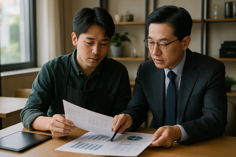 중소기업 대표가 정책자금 상담 자료를 확인하는 장면