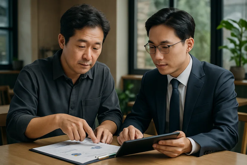 중소기업 대표가 정책자금 상담 자료를 확인하는 장면