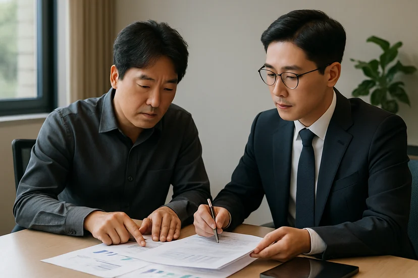 중소기업 대표가 정책자금 상담 자료를 확인하는 장면
