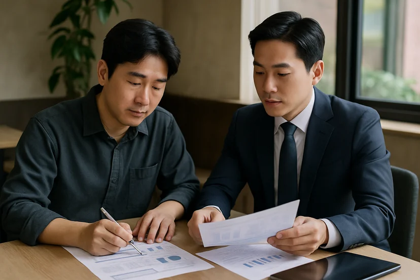중소기업 대표가 정책자금 상담 자료를 확인하는 장면