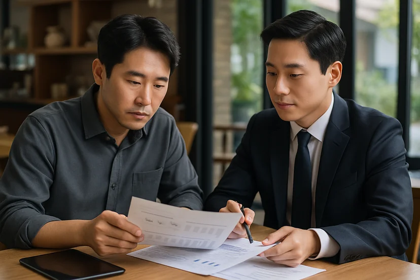 중소기업 대표가 정책자금 상담 자료를 확인하는 장면