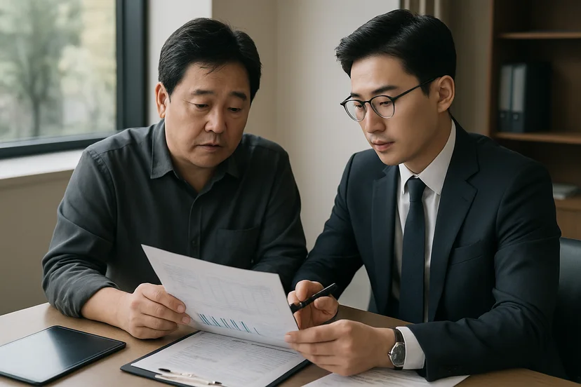 중소기업 대표가 정책자금 상담 자료를 확인하는 장면