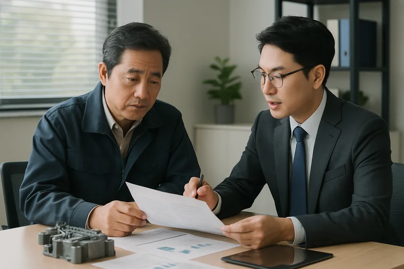 중소기업 대표가 정책자금 상담 자료를 확인하는 장면