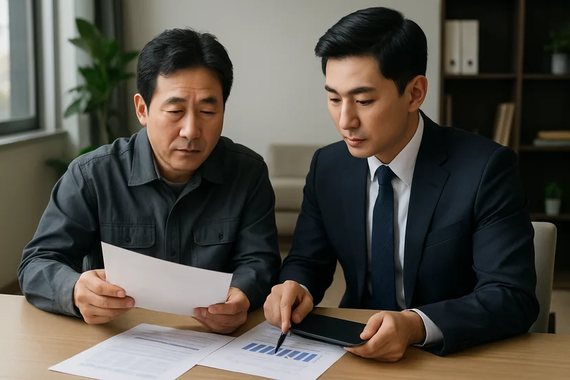 중소기업 대표가 정책자금 상담 자료를 확인하는 장면