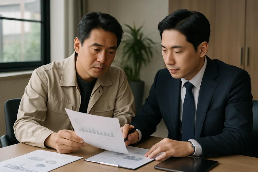 중소기업 대표가 정책자금 상담 자료를 확인하는 장면