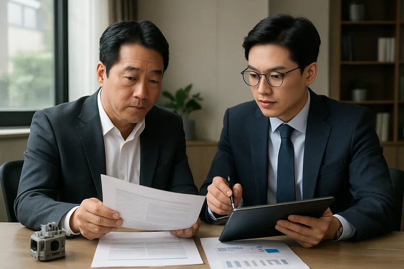 중소기업 대표가 정책자금 상담 자료를 확인하는 장면