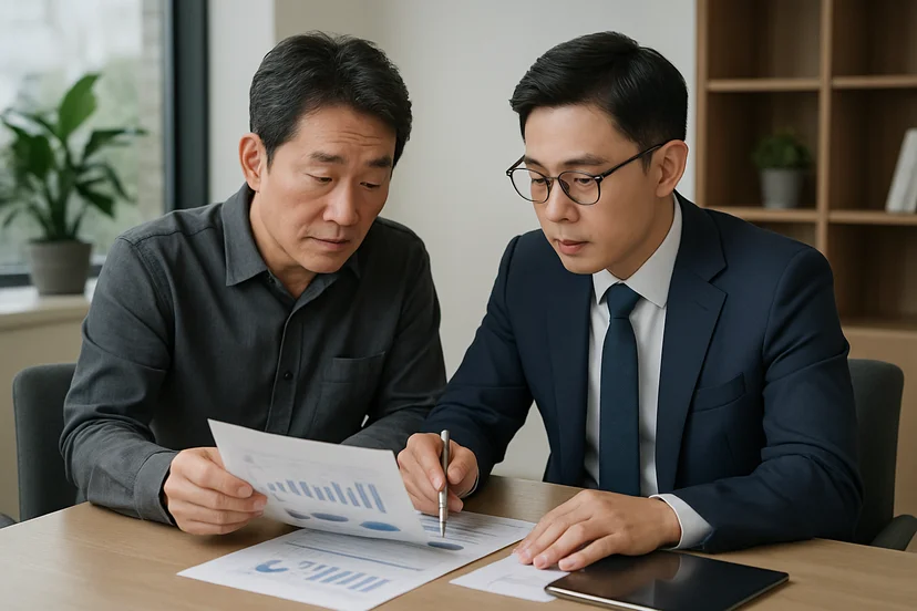 중소기업 대표가 정책자금 상담 자료를 확인하는 장면