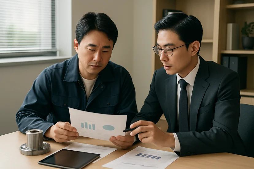 중소기업 대표가 정책자금 상담 자료를 확인하는 장면
