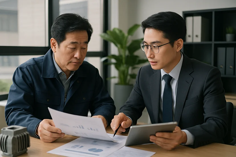 중소기업 대표가 정책자금 상담 자료를 확인하는 장면
