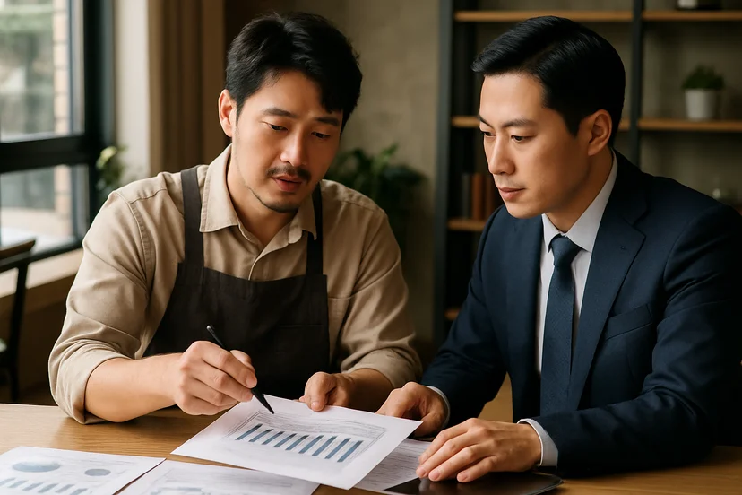 중소기업 대표가 정책자금 상담 자료를 확인하는 장면