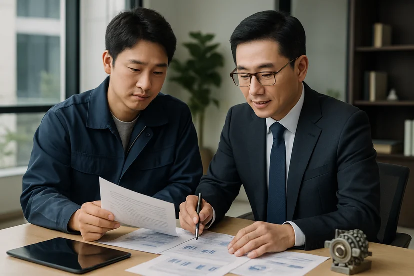 중소기업 대표가 정책자금 상담 자료를 확인하는 장면
