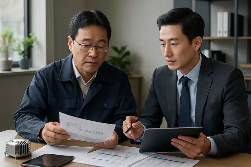 중소기업 대표가 정책자금 상담 자료를 확인하는 장면