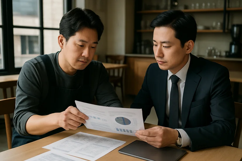 중소기업 대표가 정책자금 상담 자료를 확인하는 장면