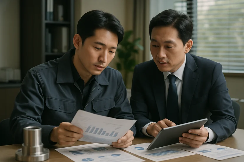 중소기업 대표가 정책자금 상담 자료를 확인하는 장면