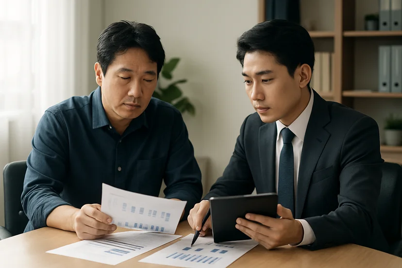 중소기업 대표가 정책자금 상담 자료를 확인하는 장면