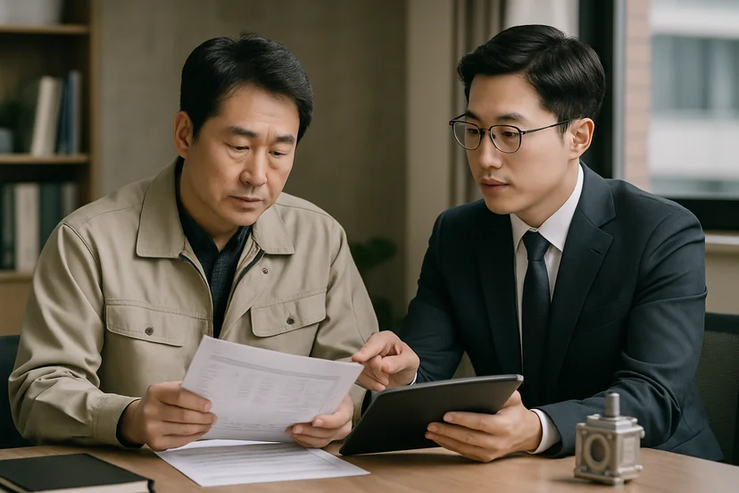 중소기업 대표가 정책자금 상담 자료를 확인하는 장면