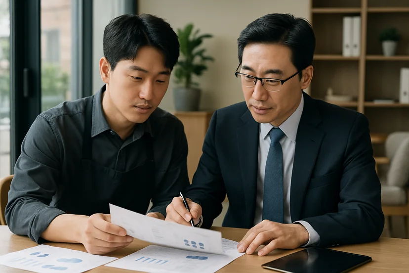 중소기업 대표가 정책자금 상담 자료를 확인하는 장면