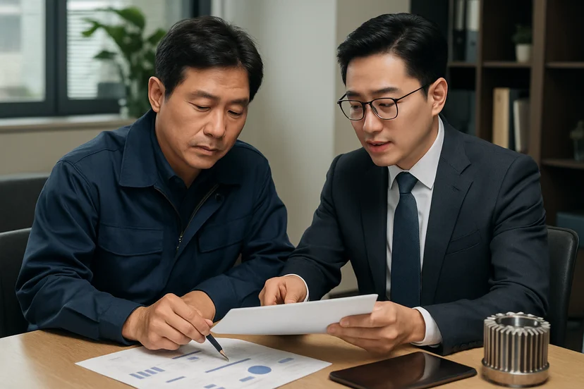 중소기업 대표가 정책자금 상담 자료를 확인하는 장면