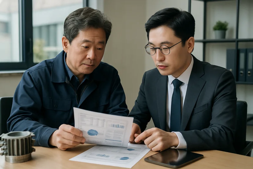 중소기업 대표가 정책자금 상담 자료를 확인하는 장면