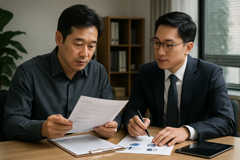중소기업 대표가 정책자금 상담 자료를 확인하는 장면