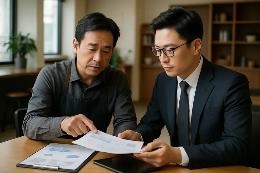 중소기업 대표가 정책자금 상담 자료를 확인하는 장면