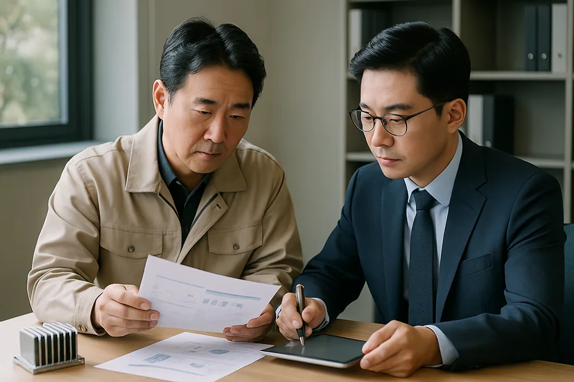 중소기업 대표가 정책자금 상담 자료를 확인하는 장면