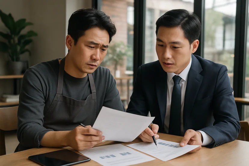 중소기업 대표가 정책자금 상담 자료를 확인하는 장면