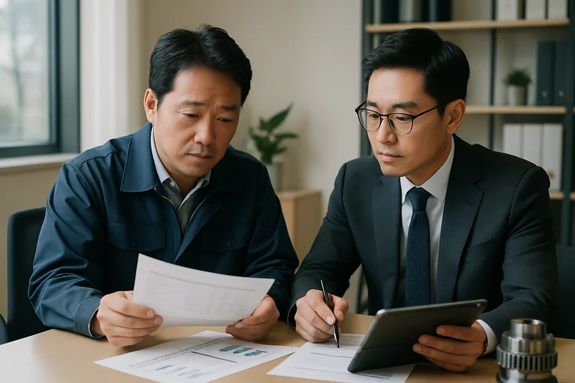 중소기업 대표가 정책자금 상담 자료를 확인하는 장면