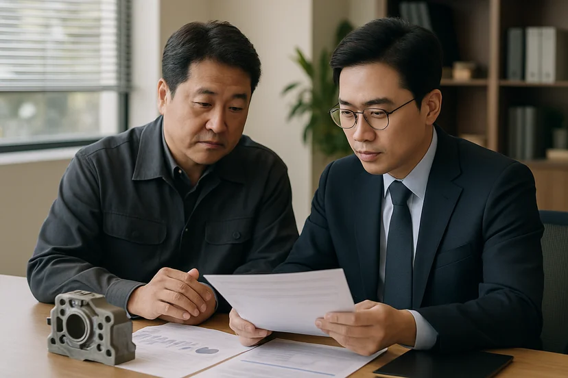중소기업 대표가 정책자금 상담 자료를 확인하는 장면