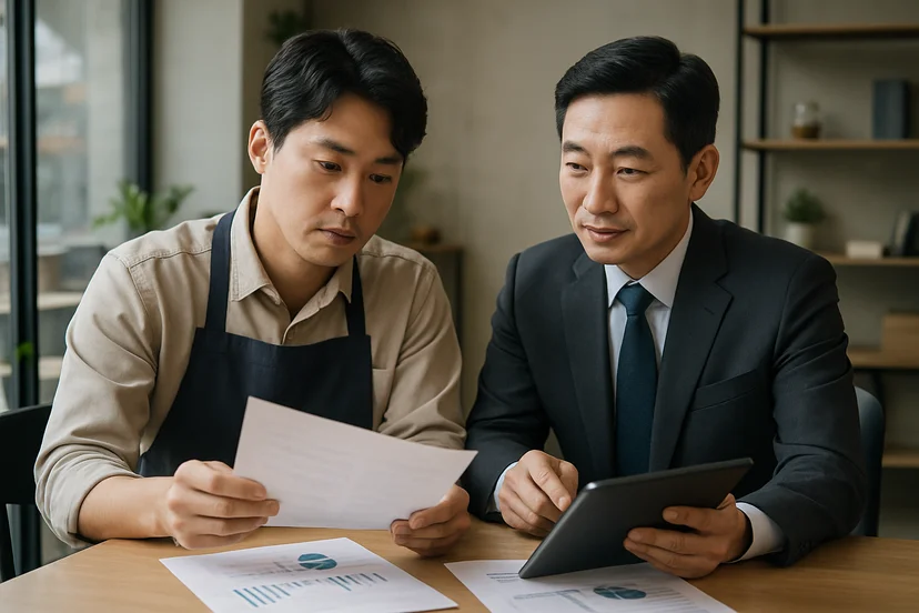 중소기업 대표가 정책자금 상담 자료를 확인하는 장면
