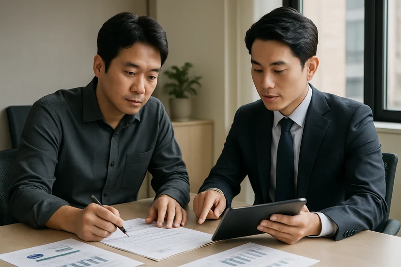 중소기업 대표가 정책자금 상담 자료를 확인하는 장면