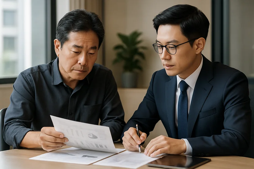 중소기업 대표가 정책자금 상담 자료를 확인하는 장면