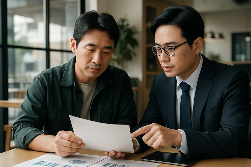 중소기업 대표가 정책자금 상담 자료를 확인하는 장면