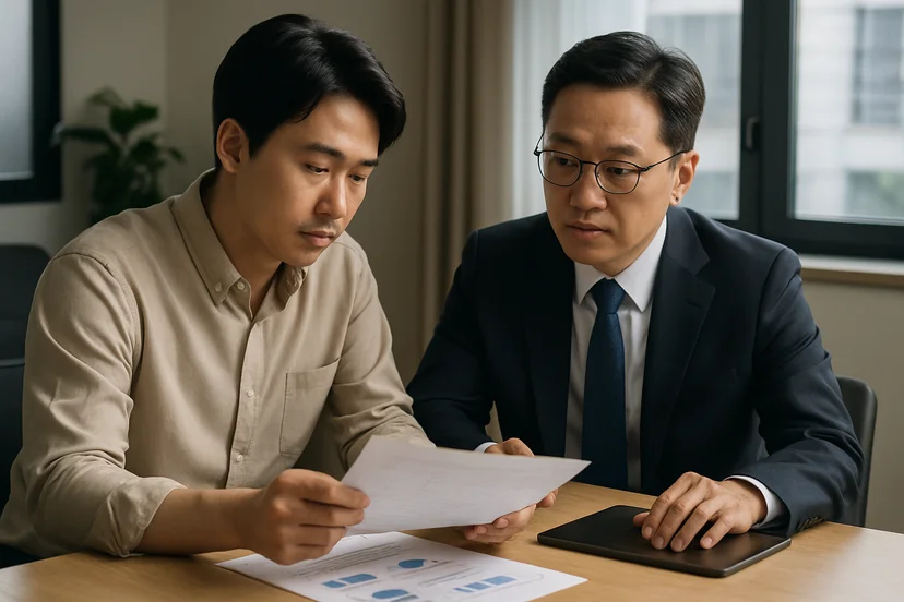 중소기업 대표가 정책자금 상담 자료를 확인하는 장면