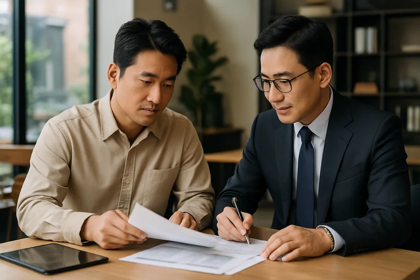 중소기업 대표가 정책자금 상담 자료를 확인하는 장면