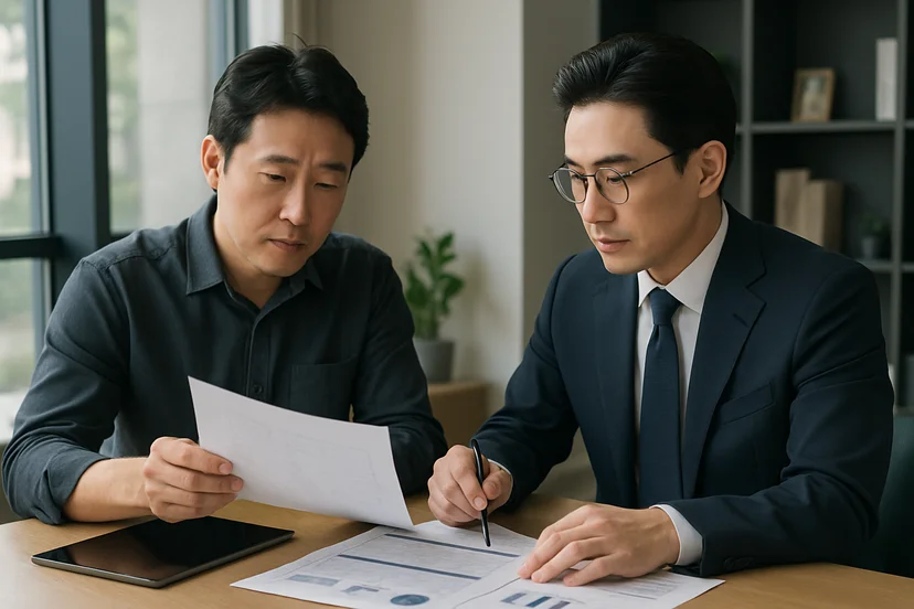 중소기업 대표가 정책자금 상담 자료를 확인하는 장면