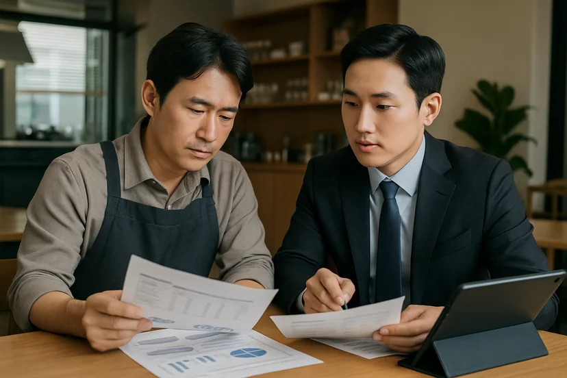 중소기업 대표가 정책자금 상담 자료를 확인하는 장면
