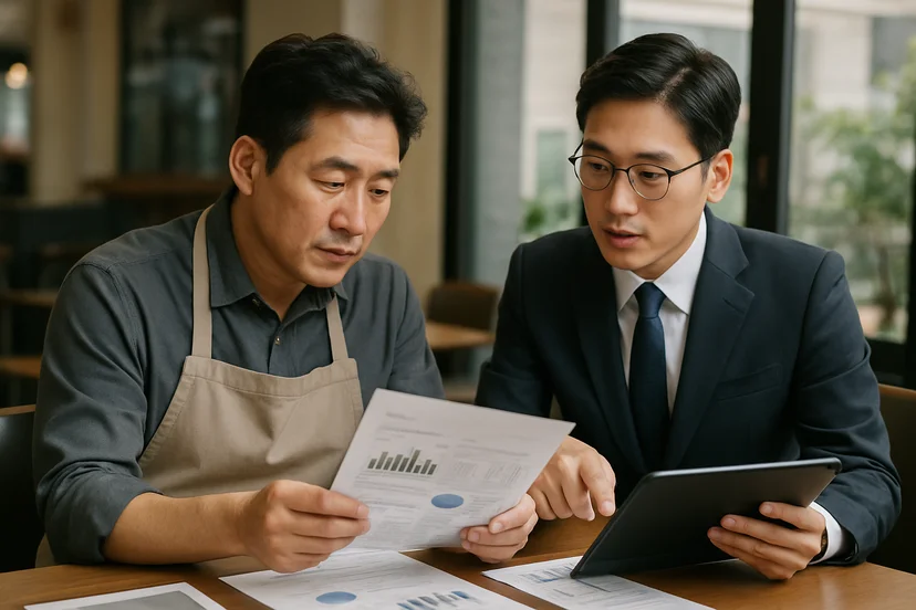 중소기업 대표가 정책자금 상담 자료를 확인하는 장면