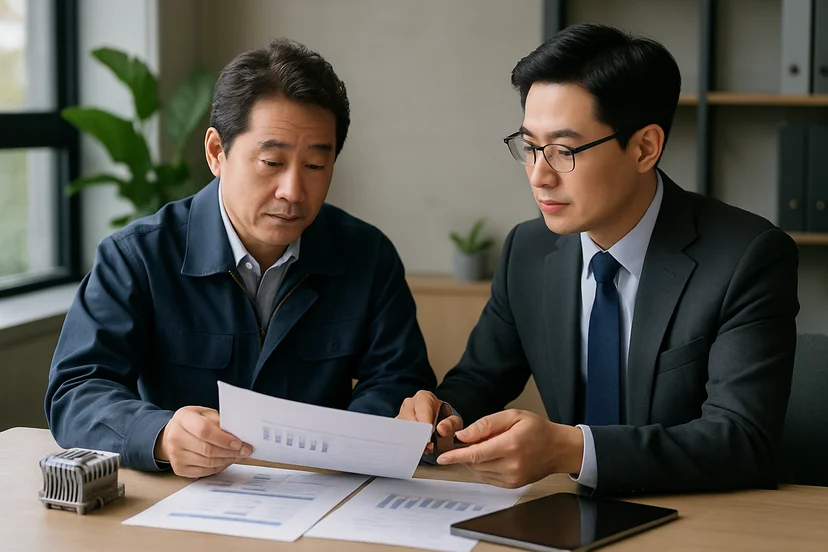 중소기업 대표가 정책자금 상담 자료를 확인하는 장면